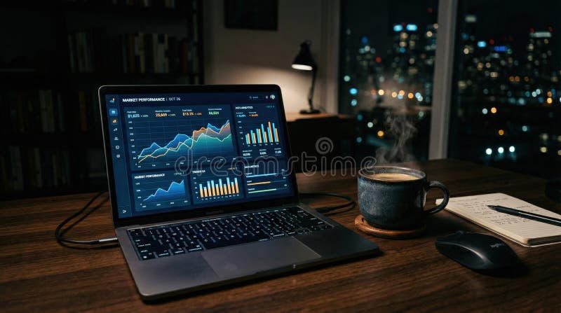 Laptop with market charts on a desk at night